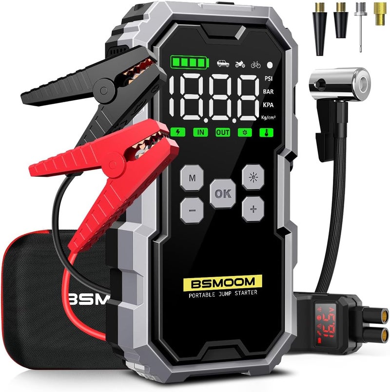 BSMOOM Jump Starter with Air Compressor, 6000A 150PSI Jump Starter Battery Pack (All Gas/10L Diesel), Digital Tire Inflator, with Type-C Quick Charge, Smart Jumper, and LED Lights - Image 1