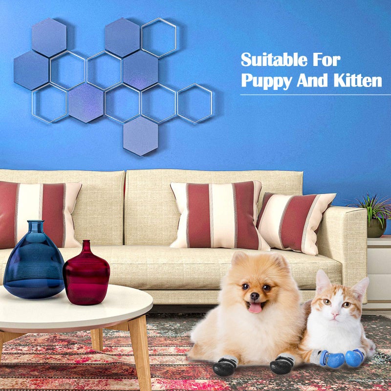 Weewooday 2 Sets Dog Cat Boots Shoes Socks Waterproof Dog Shoes Rain Snow Dog Booties Anti-Slip Dog Sock Shoes with Adjustable Drawstring for Small Puppy, Black, Blue(Size 1: 1.95'' L X 1.56'' W) - Image 3