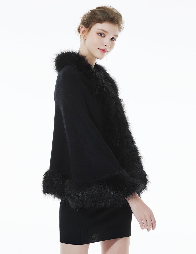 BEAUTELICATE Faux Fur Shawl Wrap Stole Shrug Bridal Winter Wedding with Hook,Black,One Size - Image 2