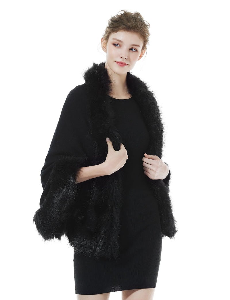 BEAUTELICATE Faux Fur Shawl Wrap Stole Shrug Bridal Winter Wedding with Hook,Black,One Size - Image 1