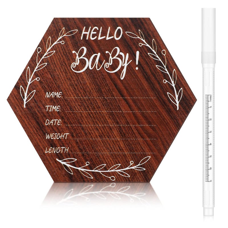 Marsui 5 Inch Birth Announcement Sign for Hospital Cherry Wooden Baby Name Announcement Sign with White Paint Marker Pen Regular Hexagon design for Baby Shower - Image 1