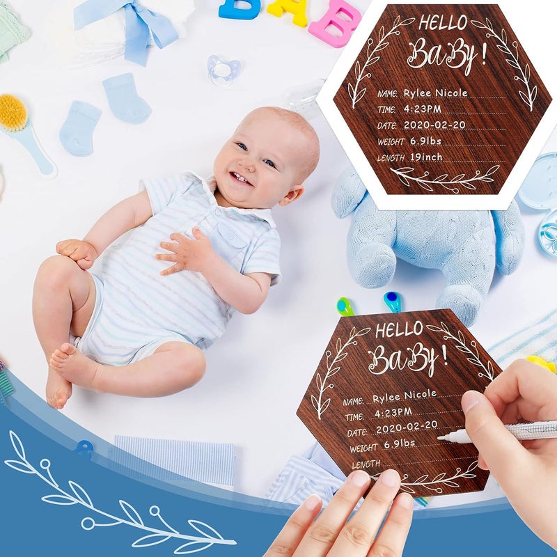 Marsui 5 Inch Birth Announcement Sign for Hospital Cherry Wooden Baby Name Announcement Sign with White Paint Marker Pen Regular Hexagon design for Baby Shower - Image 4