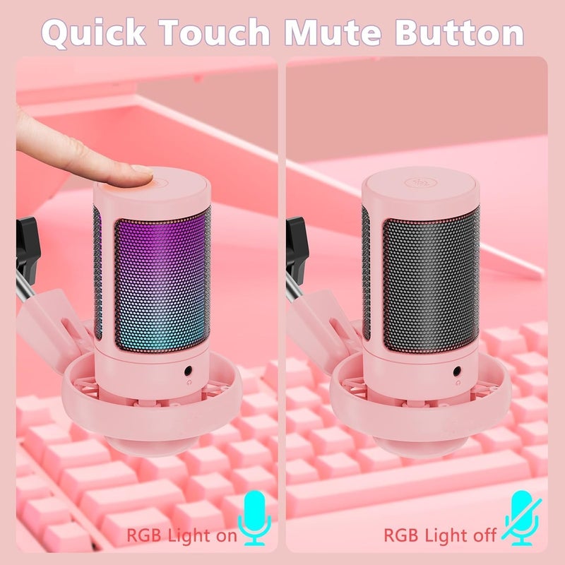 AoMige RGB Gaming Microphone for PS4/5 PC & MAC,w/Boom Arm,Pop Filter,Mute,Monitoring,192kHz/24Bit Noise Cancellation Condenser Gamer Podcast Recording Microphone for Streaming Twitch,Discord,YouTube (Pink) - Image 4