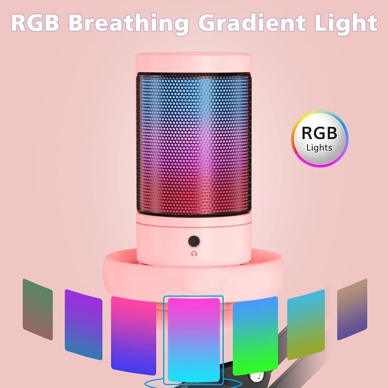 AoMige RGB Gaming Microphone for PS4/5 PC & MAC,w/Boom Arm,Pop Filter,Mute,Monitoring,192kHz/24Bit Noise Cancellation Condenser Gamer Podcast Recording Microphone for Streaming Twitch,Discord,YouTube (Pink) - Image 2