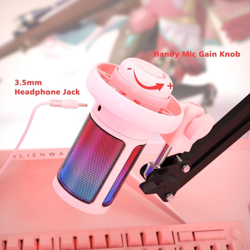 AoMige RGB Gaming Microphone for PS4/5 PC & MAC,w/Boom Arm,Pop Filter,Mute,Monitoring,192kHz/24Bit Noise Cancellation Condenser Gamer Podcast Recording Microphone for Streaming Twitch,Discord,YouTube (Pink) - Image 5
