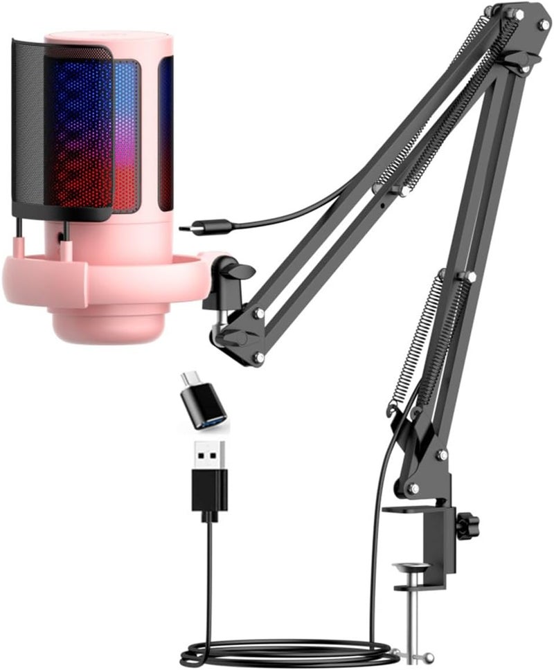 AoMige RGB Gaming Microphone for PS4/5 PC & MAC,w/Boom Arm,Pop Filter,Mute,Monitoring,192kHz/24Bit Noise Cancellation Condenser Gamer Podcast Recording Microphone for Streaming Twitch,Discord,YouTube (Pink) - Image 1
