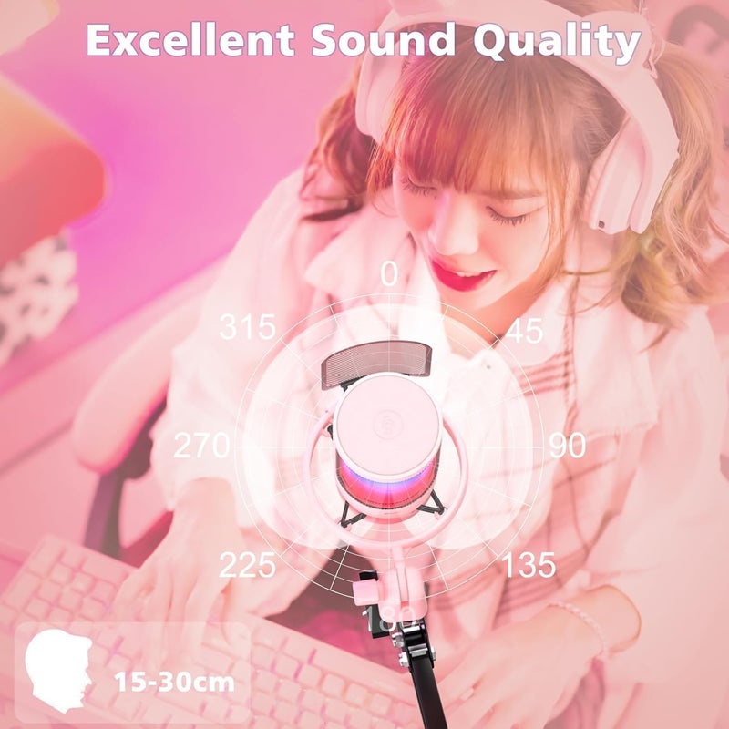 AoMige RGB Gaming Microphone for PS4/5 PC & MAC,w/Boom Arm,Pop Filter,Mute,Monitoring,192kHz/24Bit Noise Cancellation Condenser Gamer Podcast Recording Microphone for Streaming Twitch,Discord,YouTube (Pink) - Image 3