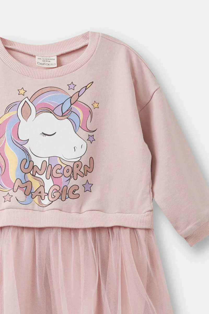ديفاكتو Baby Girl Unicorn Printed Long Sleeve Tulle Dress