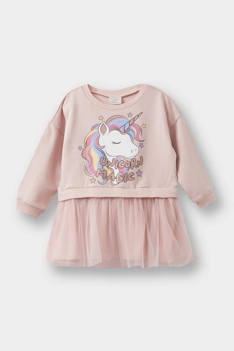 ديفاكتو Baby Girl Unicorn Printed Long Sleeve Tulle Dress