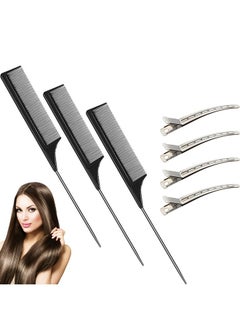 BOAO 3 Pcs Rat Tail Combs Carbon Fiber Teasing Combs Stainless Steel Pintail Comb Heat Resistant Teasing Comb with 6 Pcs Metal Alligator Curl Clips (Black)  - Image 1