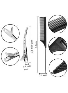BOAO 3 Pcs Rat Tail Combs Carbon Fiber Teasing Combs Stainless Steel Pintail Comb Heat Resistant Teasing Comb with 6 Pcs Metal Alligator Curl Clips (Black)  - Image 3