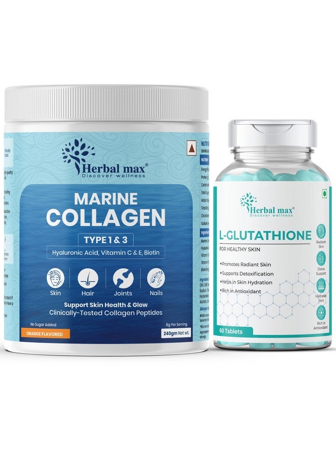 Herbal max Glutathione Tablet And Hydrolyzed Marine Collagen Supplement With Antiioxidants,Hyaluronic Acid, Vitamin C & E, Biotin | Healthy Skin, Hair, Nails, Bone |Type 1 and 3 Collagen Peptides | - Image 1