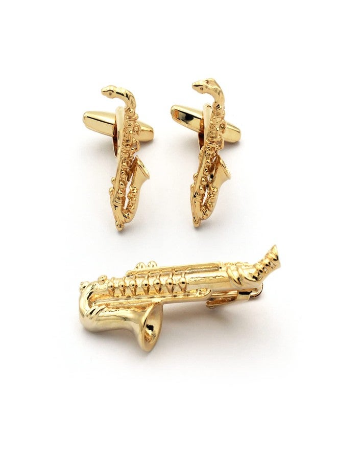 Vcufflinks Gold Saxophone Cuff Links Musician Jazz Lover Cufflinks and Tie-Clip Set - Image 1