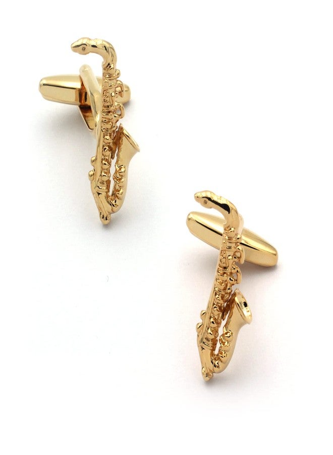 Vcufflinks Gold Saxophone Cuff Links Musician Jazz Lover Cufflinks and Tie-Clip Set - Image 3