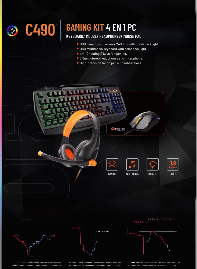 Meetion C490 Gaming Combo – Wired Keyboard, Mouse, Headset & Mouse Pad 4-in-1 PC Gaming Kit - Image 2