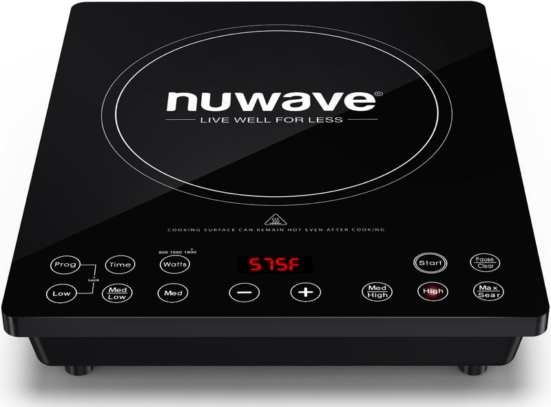 موقد كهربائي محمول من نوويف برو شيف معتمد من NSF بقدرة 1800 واط مع 8 ملفات تسخين كبيرة و94 إعداد درجة حرارة من 100 فهرنهايت إلى 575 فهرنهايت بزيادات 5 فهرنهايت مع سطح زجاجي سيراميكي مقاوم للكسر