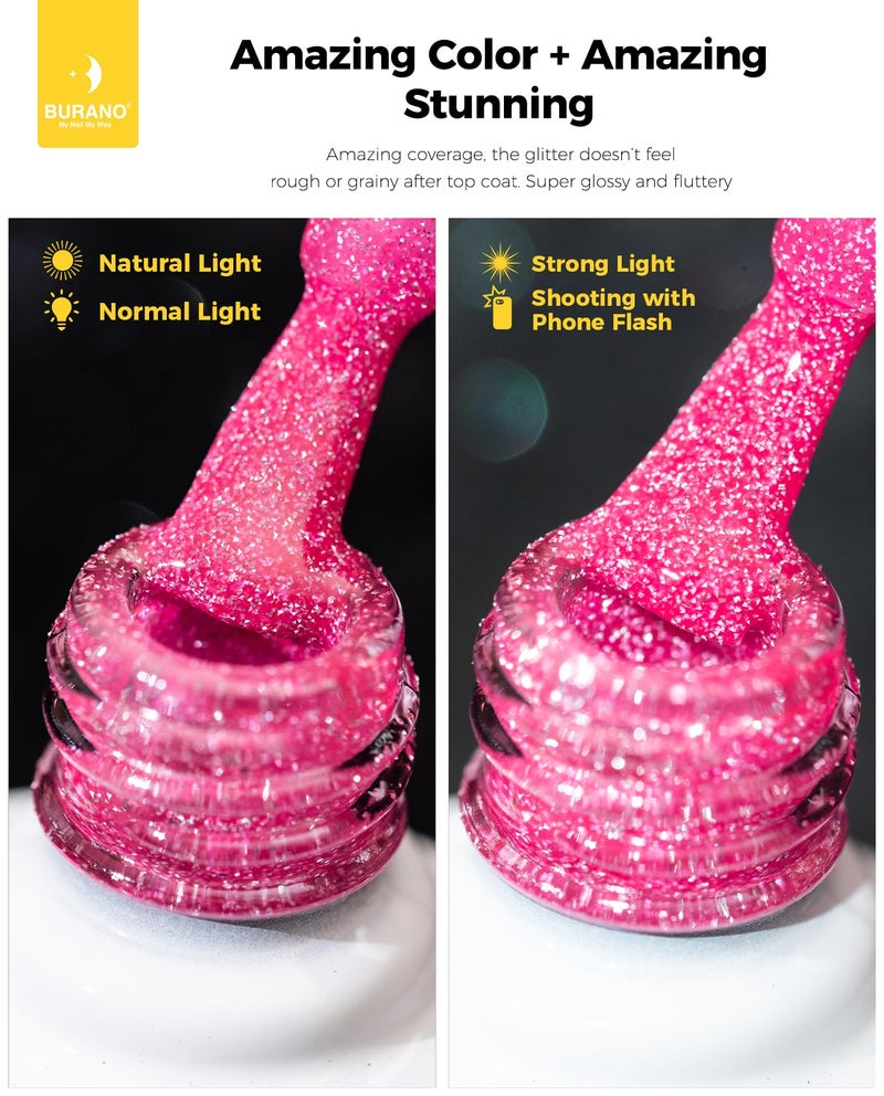 BURANO Hot Pink Reflective Glitter Gel Nail Polish, UV LED 7.3ml Sparkle Nail Polish Holographic Glitter Gel Curing Need for DIY Home S5 - Image 5