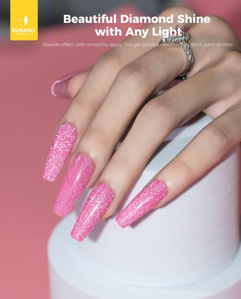 BURANO Hot Pink Reflective Glitter Gel Nail Polish, UV LED 7.3ml Sparkle Nail Polish Holographic Glitter Gel Curing Need for DIY Home S5 - Image 2