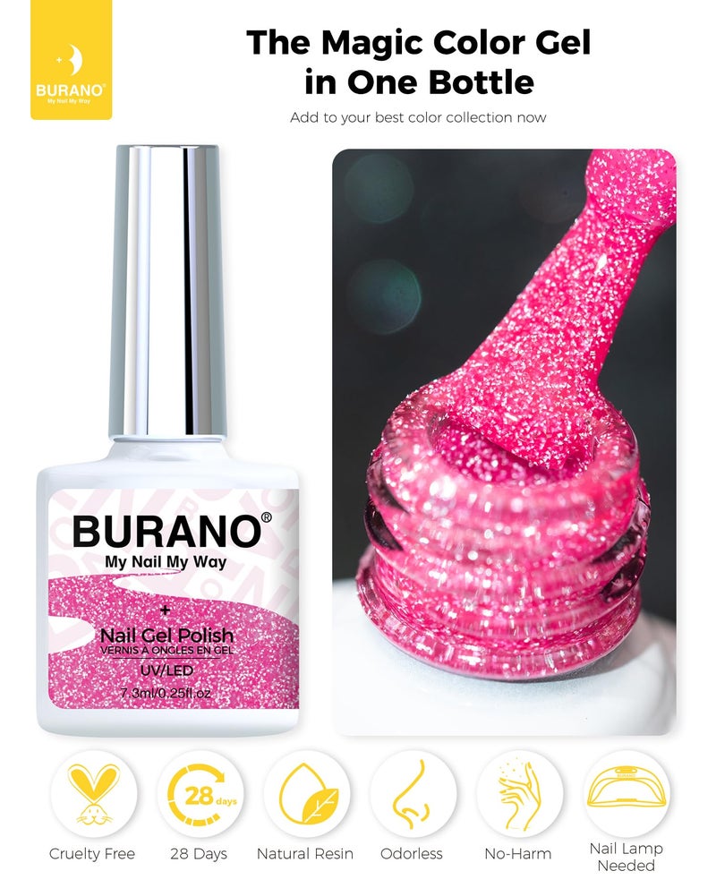 BURANO Hot Pink Reflective Glitter Gel Nail Polish, UV LED 7.3ml Sparkle Nail Polish Holographic Glitter Gel Curing Need for DIY Home S5 - Image 3