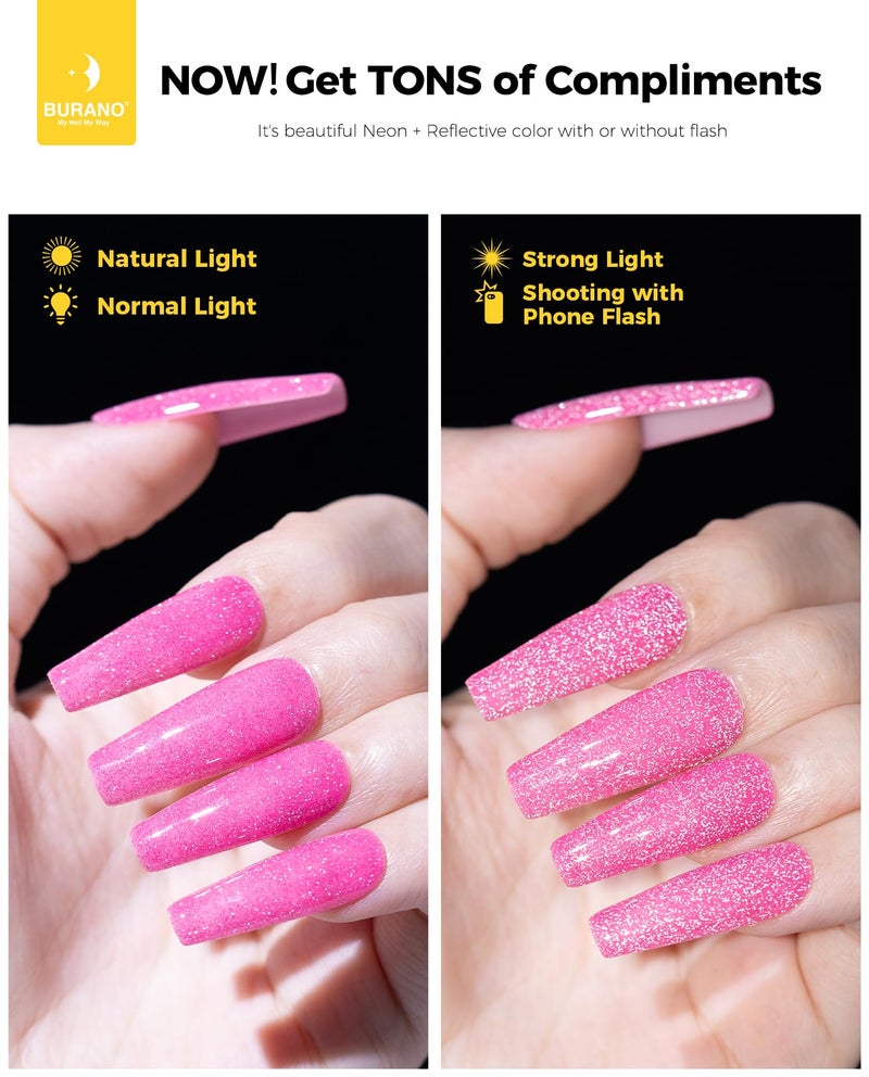 BURANO Hot Pink Reflective Glitter Gel Nail Polish, UV LED 7.3ml Sparkle Nail Polish Holographic Glitter Gel Curing Need for DIY Home S5 - Image 4