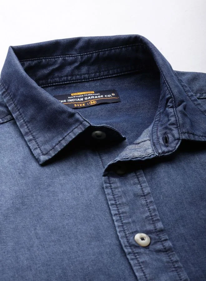 شركة المرآب الهندية Men Slim Fit Solid Full Sleeves Cutaway Collar Casual Denim Shirt