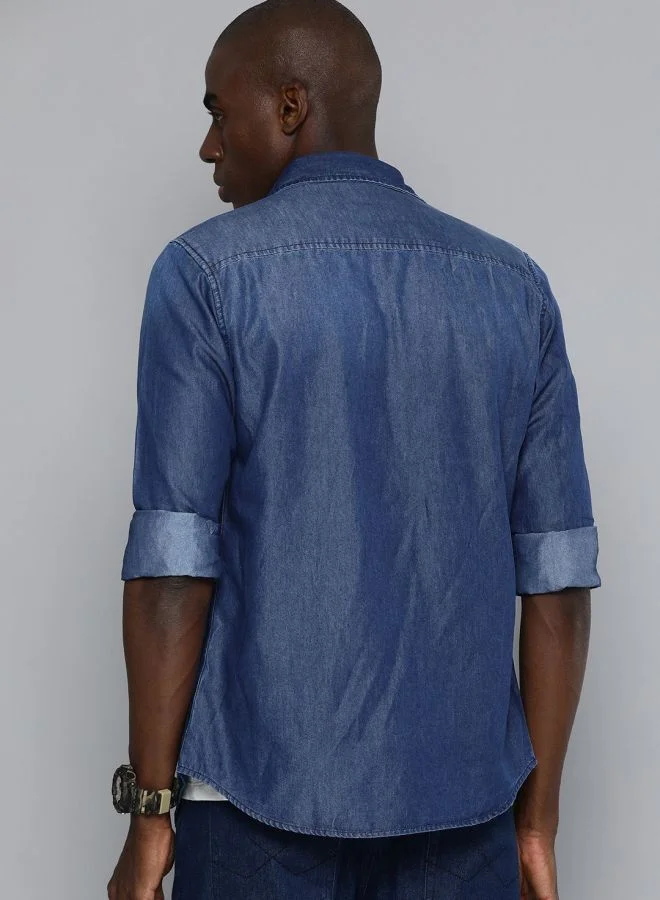 شركة المرآب الهندية Men Slim Fit Solid Full Sleeves Cutaway Collar Casual Denim Shirt