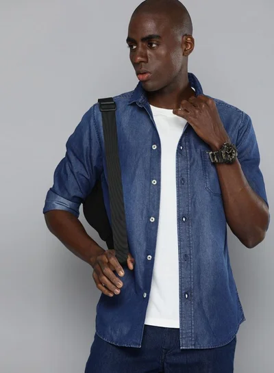 شركة المرآب الهندية Men Slim Fit Solid Full Sleeves Cutaway Collar Casual Denim Shirt
