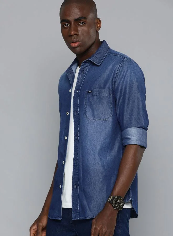 شركة المرآب الهندية Men Slim Fit Solid Full Sleeves Cutaway Collar Casual Denim Shirt