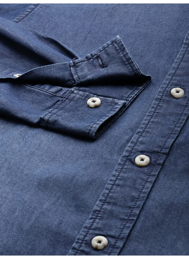 The Indian Garage Co Blue Slim Fit Casual Plain Denim Shirt