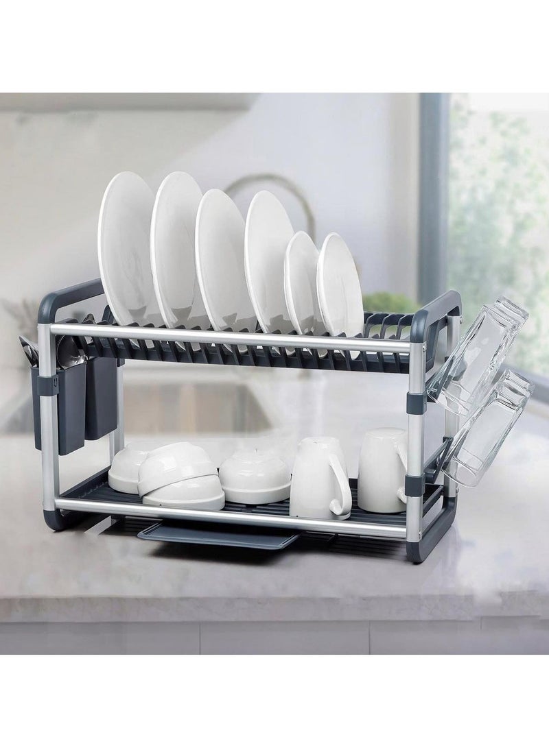 BECHOWARE Aluminium Dish Drying Rack Multifunctional Dish Rack, Large Capacity Dish Drainer for Kitchen Counter, Rustproof Dish Drying Rack with Cutlery & Cup Holders (2 TIER) - Image 1