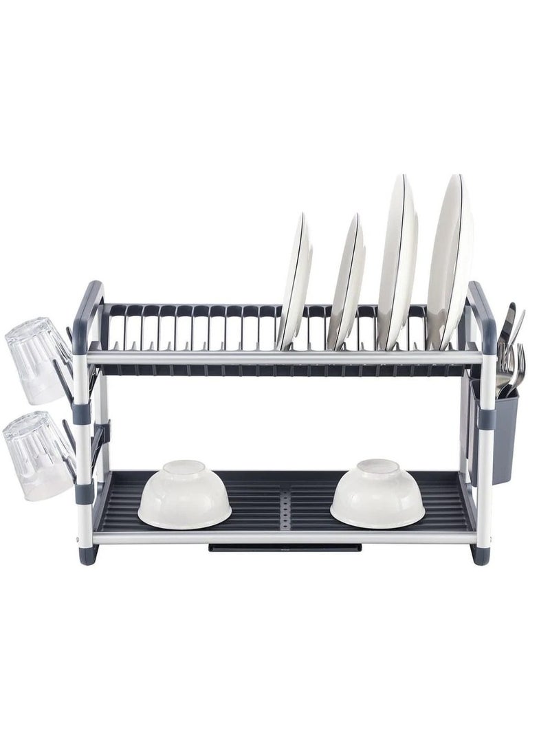 BECHOWARE Aluminium Dish Drying Rack Multifunctional Dish Rack, Large Capacity Dish Drainer for Kitchen Counter, Rustproof Dish Drying Rack with Cutlery & Cup Holders (2 TIER) - Image 2