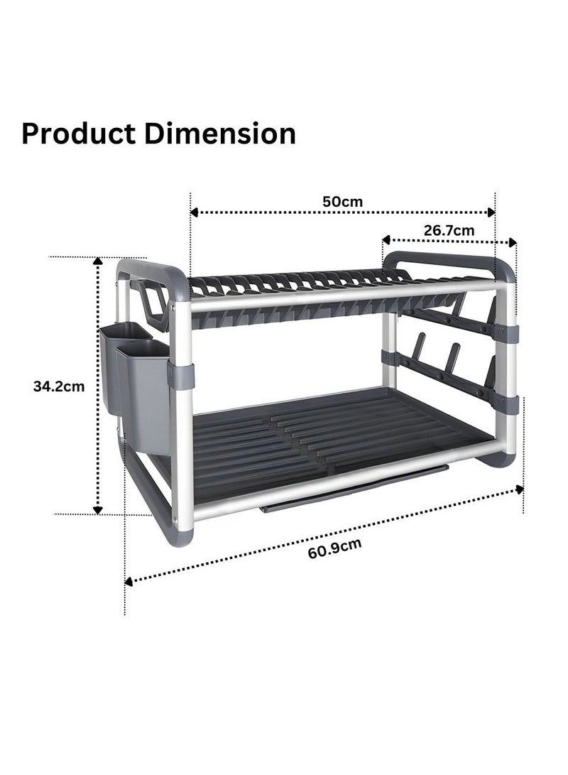 BECHOWARE Aluminium Dish Drying Rack Multifunctional Dish Rack, Large Capacity Dish Drainer for Kitchen Counter, Rustproof Dish Drying Rack with Cutlery & Cup Holders (2 TIER) - Image 3