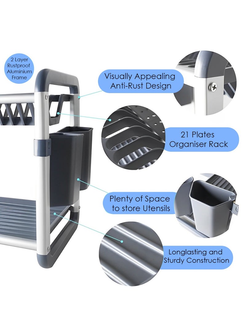 BECHOWARE Aluminium Dish Drying Rack Multifunctional Dish Rack, Large Capacity Dish Drainer for Kitchen Counter, Rustproof Dish Drying Rack with Cutlery & Cup Holders (2 TIER) - Image 4
