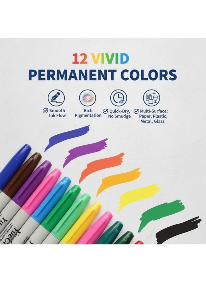 YUECAI 12 Pcs Permanent Colours Marker Set – Vibrant Waterproof Quick-Dry Markers, Fine Tip Multi-Surface Colored Pens for Paper, Plastic, Metal, Glass & Wood | Fade-Resistant, Smudge-Proof Ink for Home, Office, School & Art Projects - Image 3