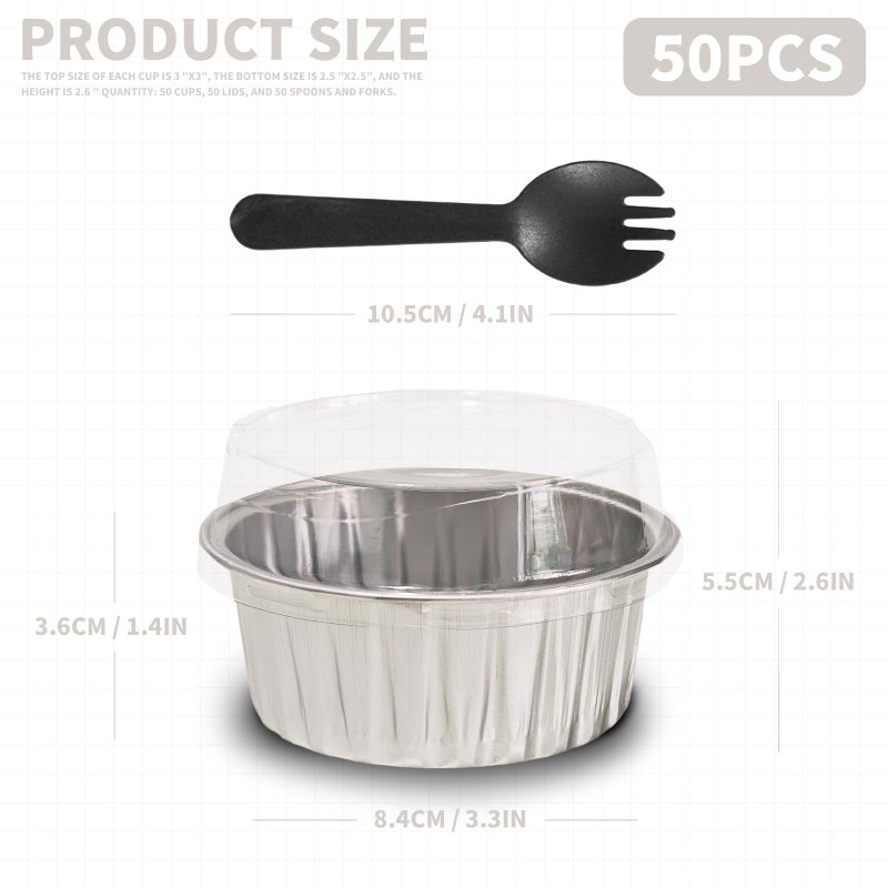 YOIYINI 50Pcs Mini Aluminum Foil Cupcake,5oz Baking Cups with Lids,Mini Cake Pans Disposable,Loaf Pans with Lids,Disposable Ramekins,Tin Cups Containers for Cupcake,Pudding,Muffin,Cheesecake (Silvery) - Image 2