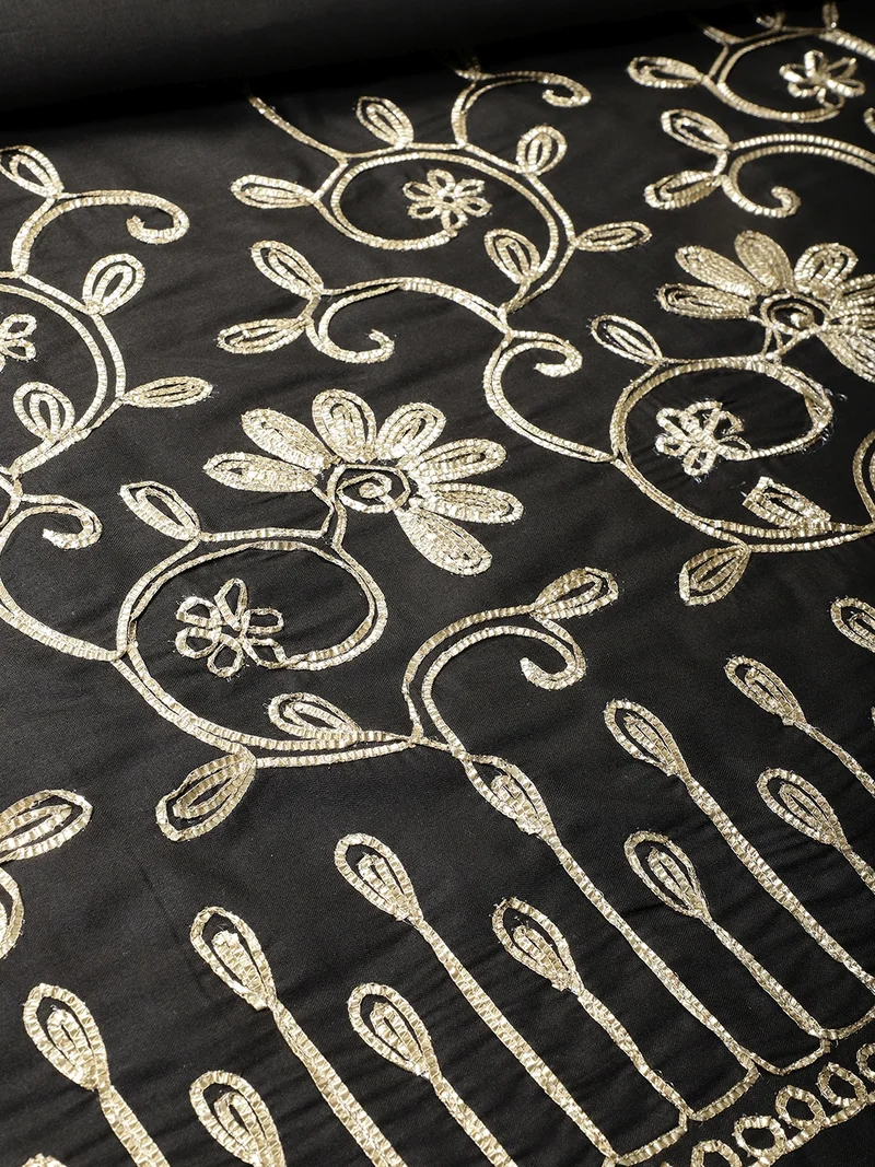 AKS Elegant Black Cotton Fabric With Gold Zari Embroidery