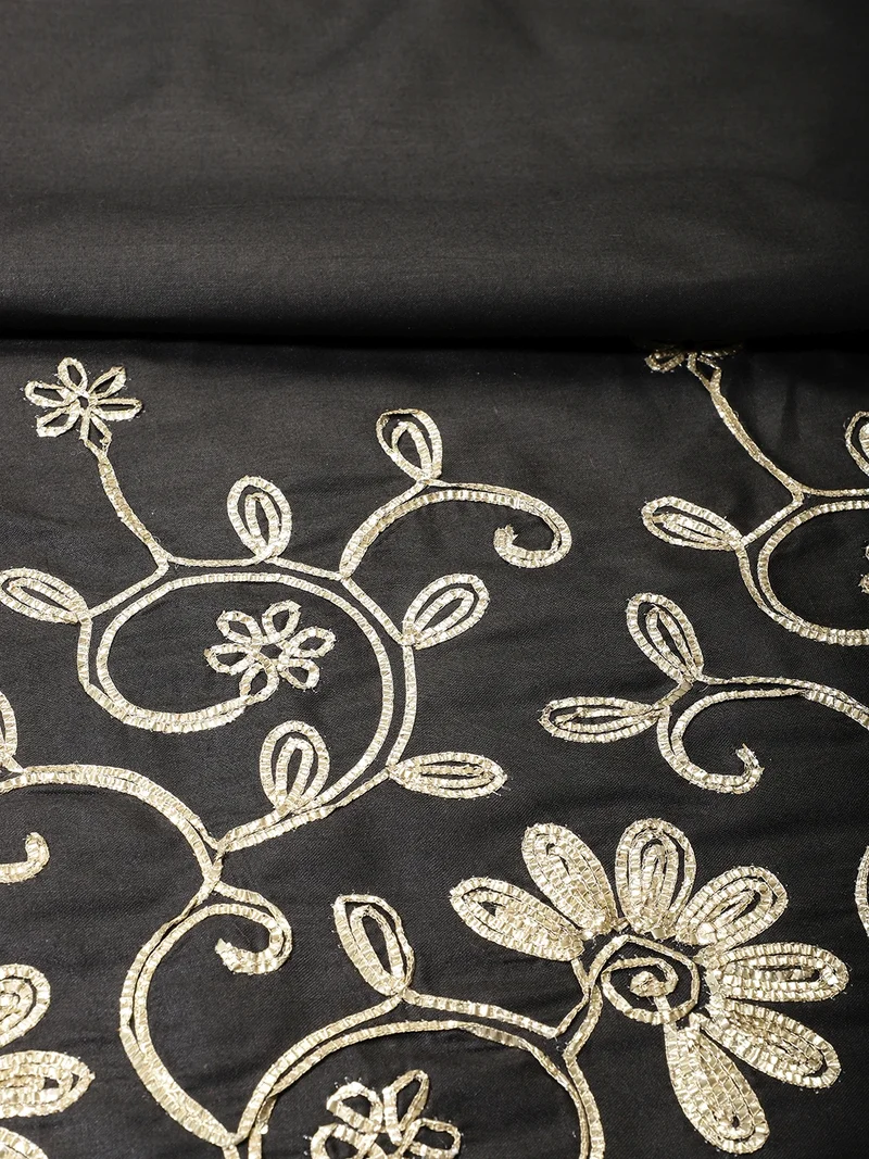 AKS Elegant Black Cotton Fabric With Gold Zari Embroidery
