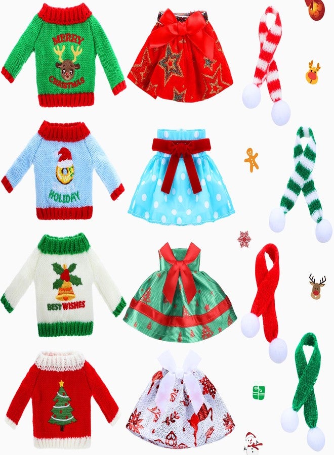Woosytoo 12Pcs Christmas Elf Accessories Christmas Elf Doll Clothes Colorful Doll Skirts Scarves Sweaters Handmade Knitted Clothing with Xmas Tree Bells Elk Xmas Outfit, Dolls Not Included - Image 1