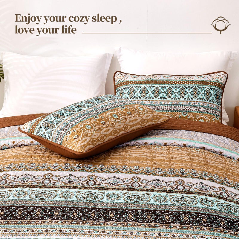 WONGS BEDDING طقم لحاف ملكي بوهو لخريف وونغز، طقم لحاف ملكي بوهيمي بني، ديكور سرير خفيف الوزن من الألياف الدقيقة، لحاف سرير لجميع المواسم 96"x90" (3 قطع) - Image 4