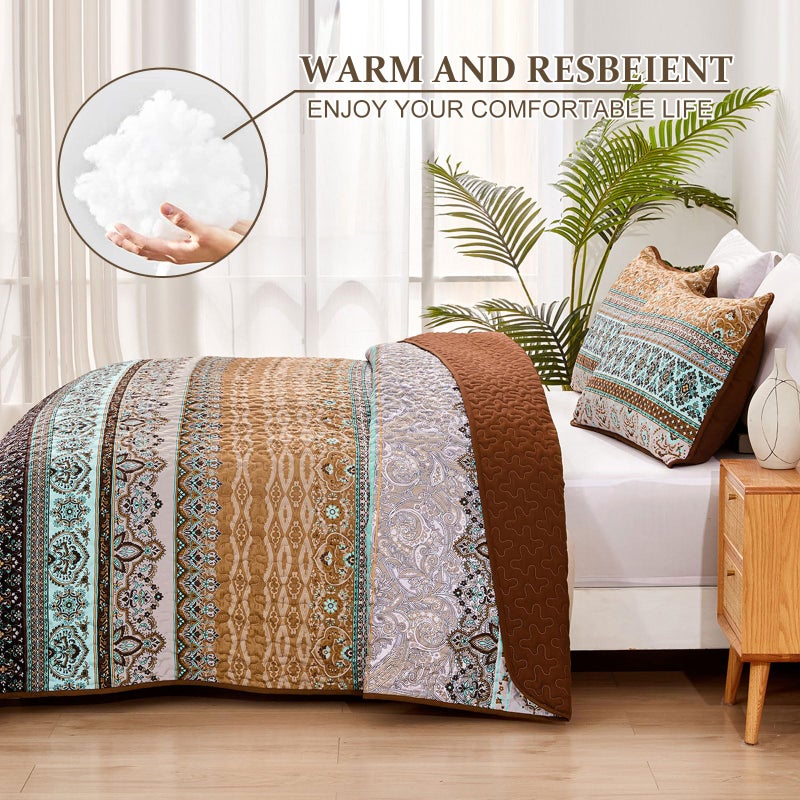 WONGS BEDDING طقم لحاف ملكي بوهو لخريف وونغز، طقم لحاف ملكي بوهيمي بني، ديكور سرير خفيف الوزن من الألياف الدقيقة، لحاف سرير لجميع المواسم 96"x90" (3 قطع) - Image 3