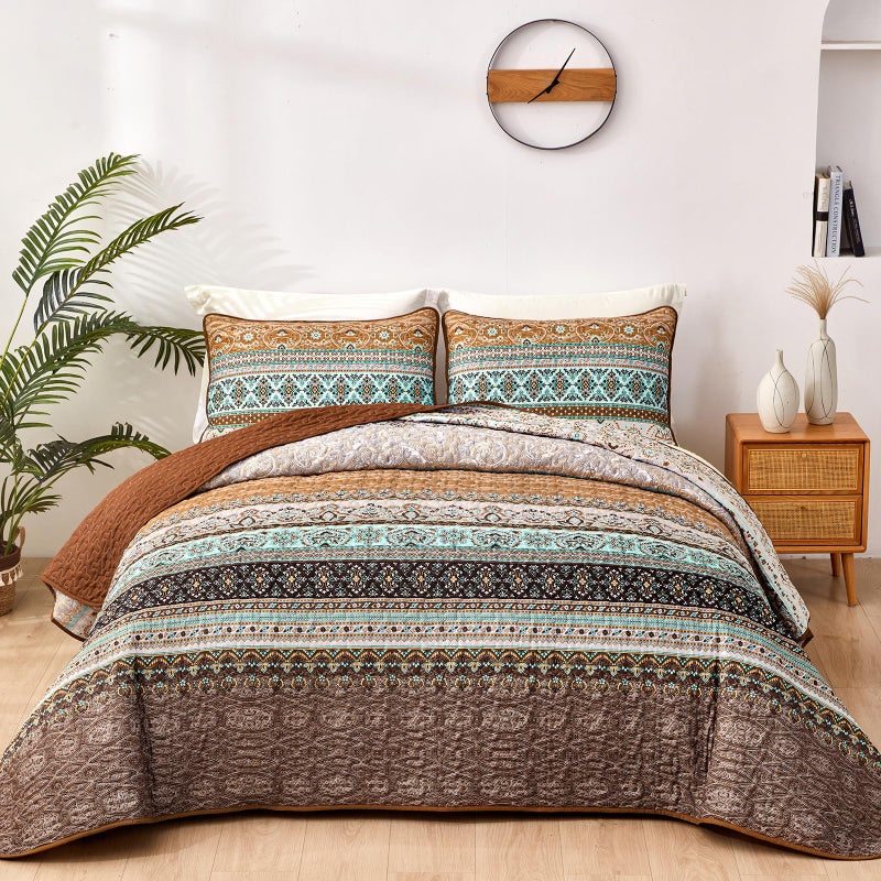 WONGS BEDDING طقم لحاف ملكي بوهو لخريف وونغز، طقم لحاف ملكي بوهيمي بني، ديكور سرير خفيف الوزن من الألياف الدقيقة، لحاف سرير لجميع المواسم 96"x90" (3 قطع) - Image 1