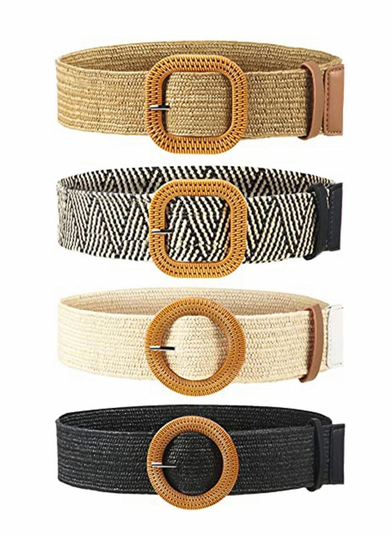 Generic - 4 Pcs Women Waist Belt, Straw Woven Elastic Stretch Waist Belt - Image 1