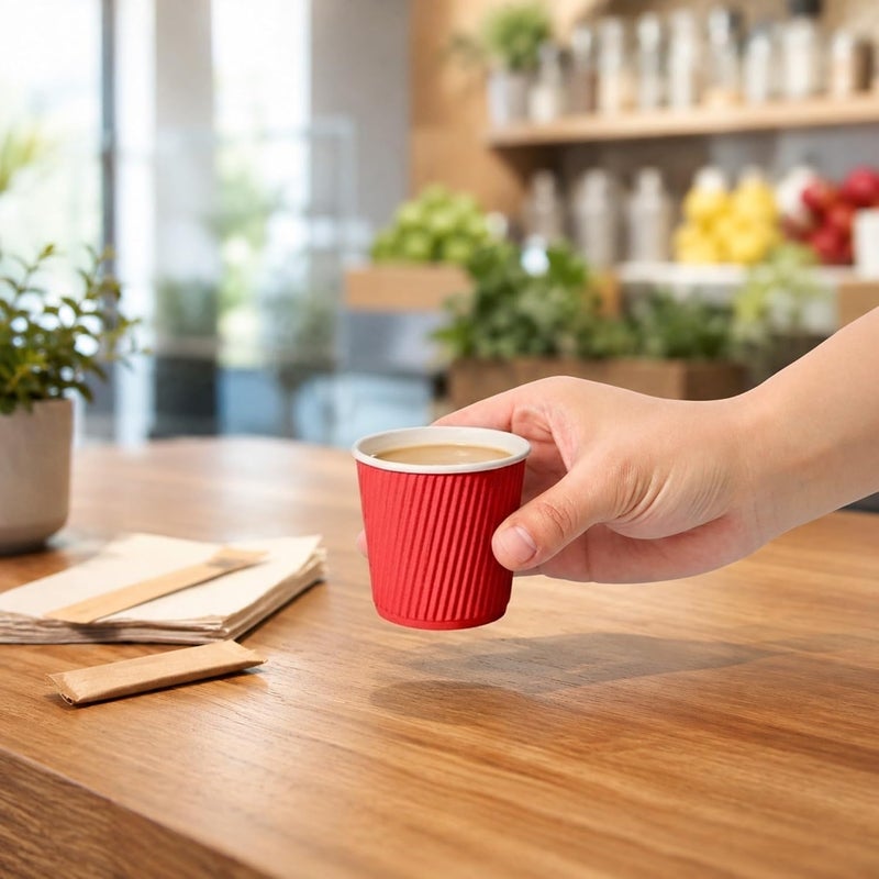 Restaurantware 500-CT Disposable Red 4-OZ Hot Beverage Cups with Ripple Wall Design: No Need for Sleeves - Perfect for Cafes - Eco-Friendly Recyclable Paper - Insulated - Wholesale Takeout Coffee Cup - Image 5
