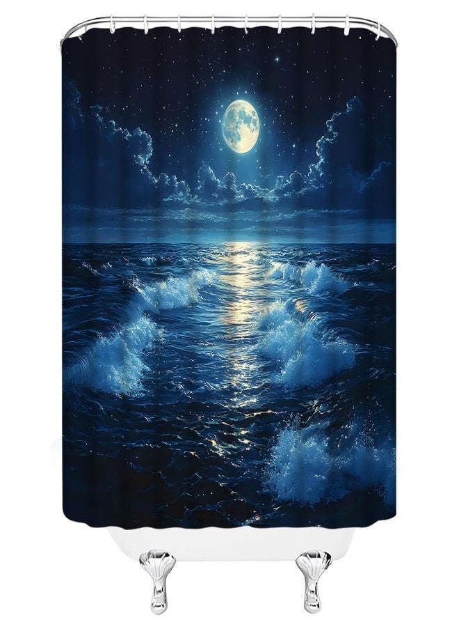 Full Moon Shower Curtain Fantasy Ocean Night Sky Cloud Star Sea Wave Dark Blue Nature Seascape Fabric Bathroom Decor Set,70x70 inch - Image 5