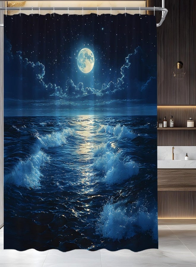 Full Moon Shower Curtain Fantasy Ocean Night Sky Cloud Star Sea Wave Dark Blue Nature Seascape Fabric Bathroom Decor Set,70x70 inch - Image 1