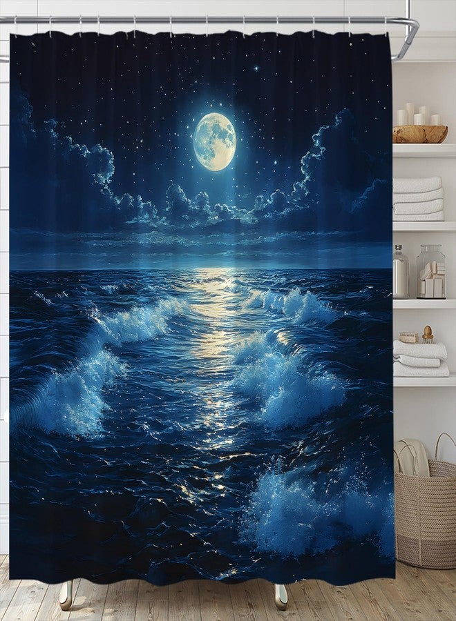 Full Moon Shower Curtain Fantasy Ocean Night Sky Cloud Star Sea Wave Dark Blue Nature Seascape Fabric Bathroom Decor Set,70x70 inch - Image 2