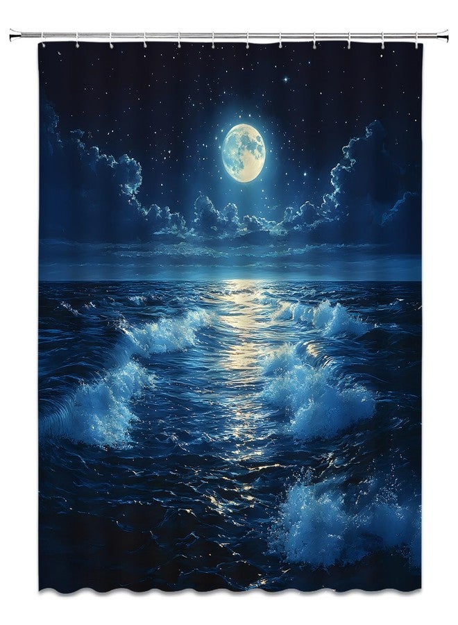 Full Moon Shower Curtain Fantasy Ocean Night Sky Cloud Star Sea Wave Dark Blue Nature Seascape Fabric Bathroom Decor Set,70x70 inch - Image 4