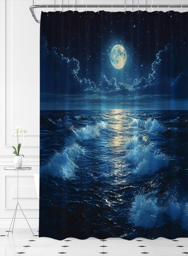 Full Moon Shower Curtain Fantasy Ocean Night Sky Cloud Star Sea Wave Dark Blue Nature Seascape Fabric Bathroom Decor Set,70x70 inch - Image 3