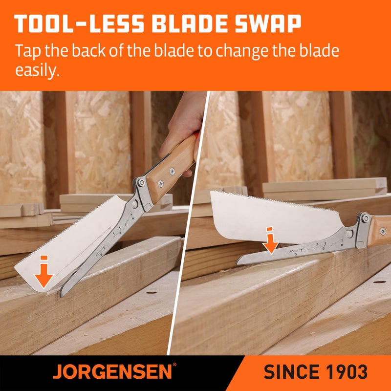 JORGENSEN Japanese Pull Saw, 6 Inch Pro Folding Dovetail Saw with Beech Wood Long handle, SK5 Steel Blade Tool-less Quick Change, 21TPI Cross Cut Woodworking Handsaw for Hardwood, Softwood - Image 5