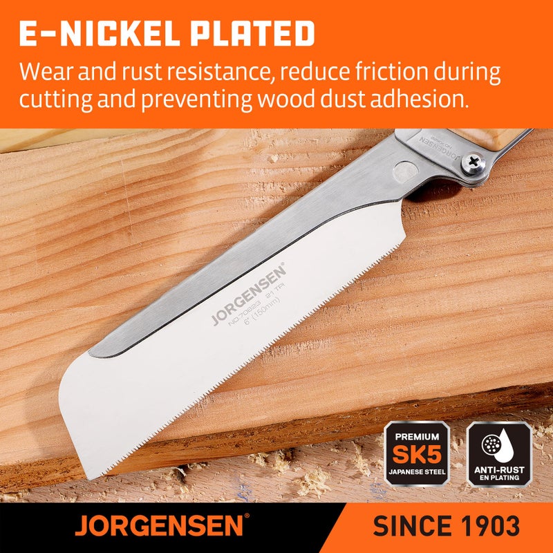 JORGENSEN Japanese Pull Saw, 6 Inch Pro Folding Dovetail Saw with Beech Wood Long handle, SK5 Steel Blade Tool-less Quick Change, 21TPI Cross Cut Woodworking Handsaw for Hardwood, Softwood - Image 4